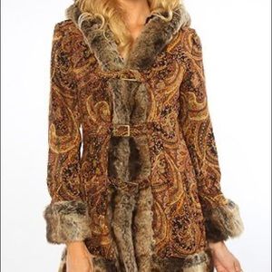 MINKPINK HENDRIX PAISLEY VELVET FAUX FUR TRIM COAT IN BROWN